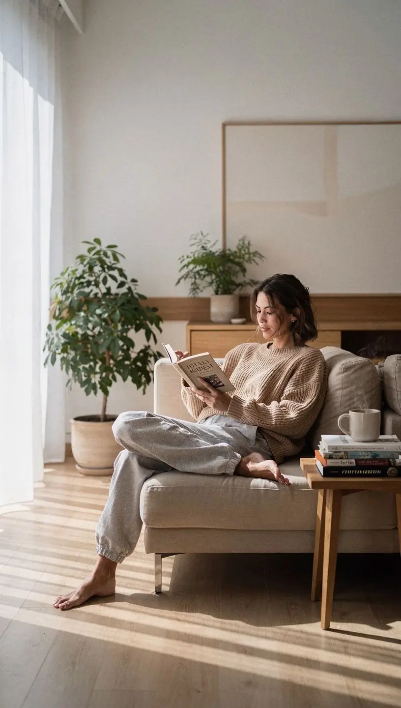 Kompakts mēbeļu izkārtojums ar daudzlīmeņu apgaismojumu, kas rada harmonisku un vizuāli pievilcīgu telpu.